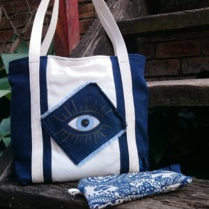 one of a kind evil eye tote bag with matching zip pouch, made by 4 keyps bags.
