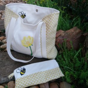 handpainted yellow flower on totebag with hidden away bee, includes matching bee zip pouch, honey comb collection