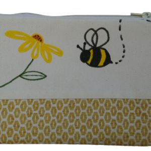 Hand painted bee and flower on zip pouch bag
