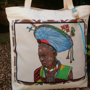 African inspired tote bag with african woman design and wooden bead attachment or key ring.