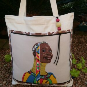 African inspired tote bag with african woman design and wooden bead attachment or key ring.