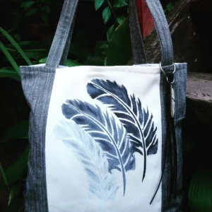 Hand painted tones of grey feather tote bag with matching pouch.